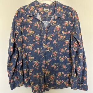 L.L. Bean Floral Corduroy Button Shirt Size XL 100% Cotton Blue Rosette Print